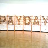 Mike Vegas Dommermuth, -Payday-, 2014, wood and glass, 30' x 8' .